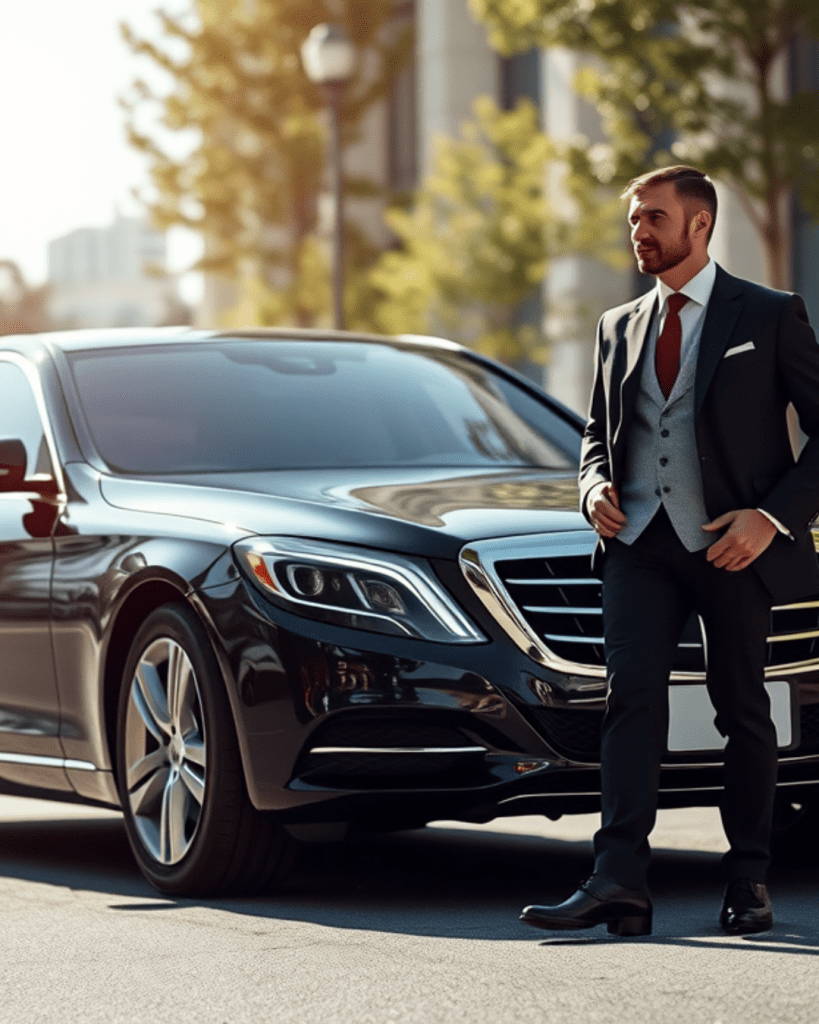 A well-dressed man in a suit stands next to a sleek black luxury limousine parked on a city street, surrounded by trees.
