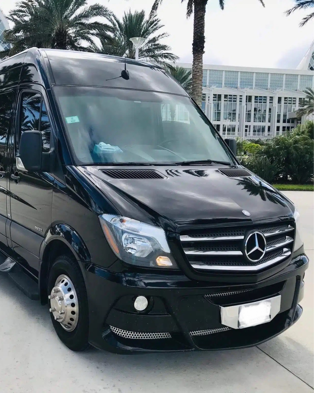 Black Mercedes-Benz Sprinter van parked in front of palm trees and a modern building, showcasing luxury transportation.