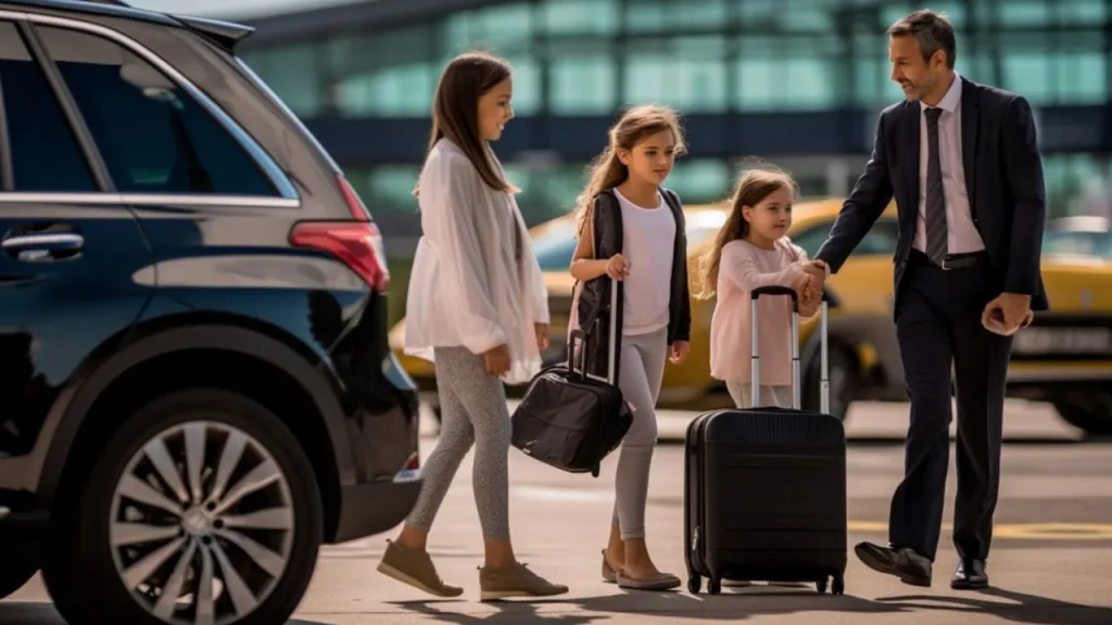 A family arriving at an airport, with a man in a suit greeting two children carrying luggage, near a luxury vehicle.