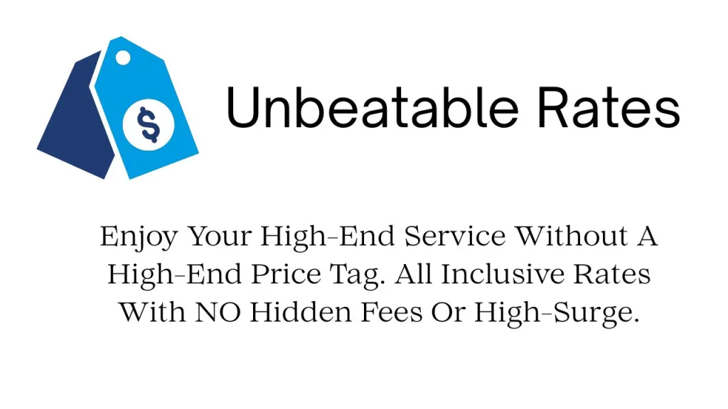 Graphic promoting unbeatable rates for high-end limousine service, emphasizing no hidden fees or high-surge pricing. Includes an icon of price tags.